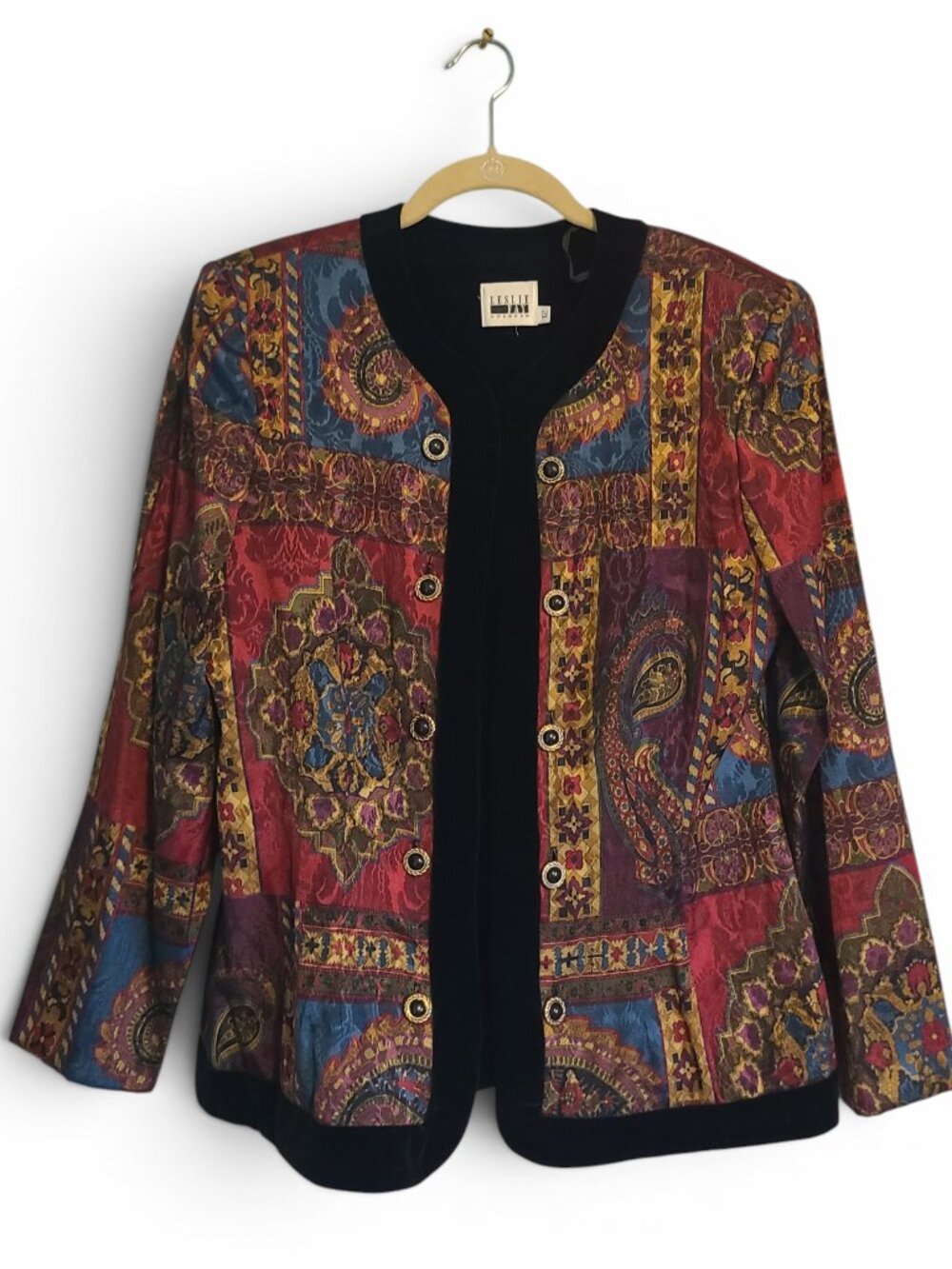 Vintage 80s Baroque Gothc Black Velvet Double Breasted Blazer Jacket Gold Red